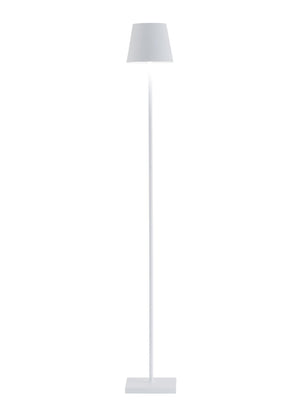 The Poldina Pro L Floor Lamp by Zafferano America, featuring a slim white cordless design with touch dimming, a conical shade, and rectangular base, stands against a plain white background.