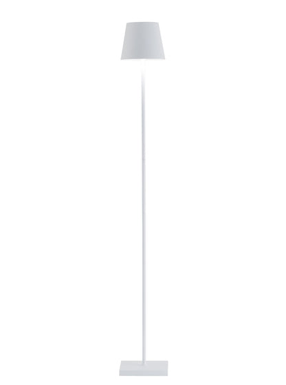 The Poldina Pro L Floor Lamp by Zafferano America, featuring a slim white cordless design with touch dimming, a conical shade, and rectangular base, stands against a plain white background.