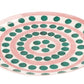 Themis Z Symi Green and Pink Collection oval fine porcelain plate with a pink base and concentric circles of green dots.