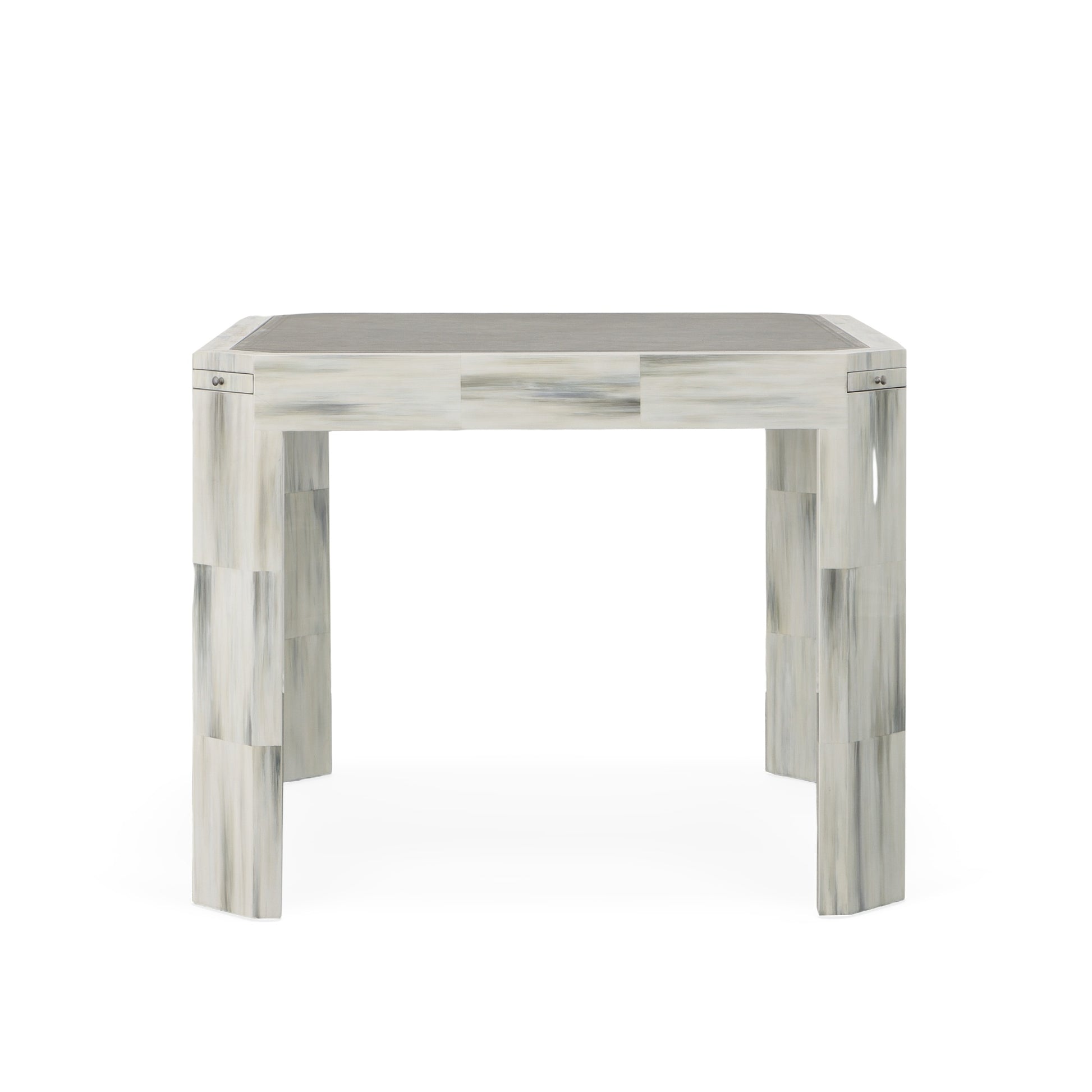 The Century Furniture Compositions Game Table features a grey-brown top with a faux horn finish, light and dark rectangular segment pattern, and four thick, blocky legs.