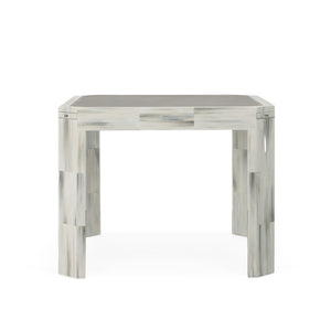 The Century Furniture Compositions Game Table features a grey-brown top with a faux horn finish, light and dark rectangular segment pattern, and four thick, blocky legs.