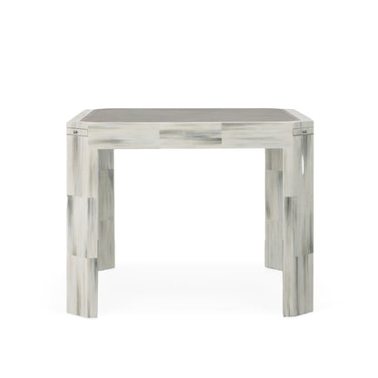 The Century Furniture Compositions Game Table features a grey-brown top with a faux horn finish, light and dark rectangular segment pattern, and four thick, blocky legs.