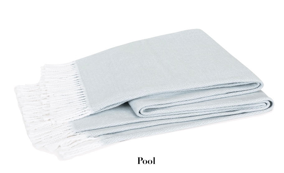 The Pezzo Throw Collection by Matouk is shown in light blue brushed cotton with a white fringe, set against a white background. OEKO-TEX certified. The word "Pool" appears below the blanket.