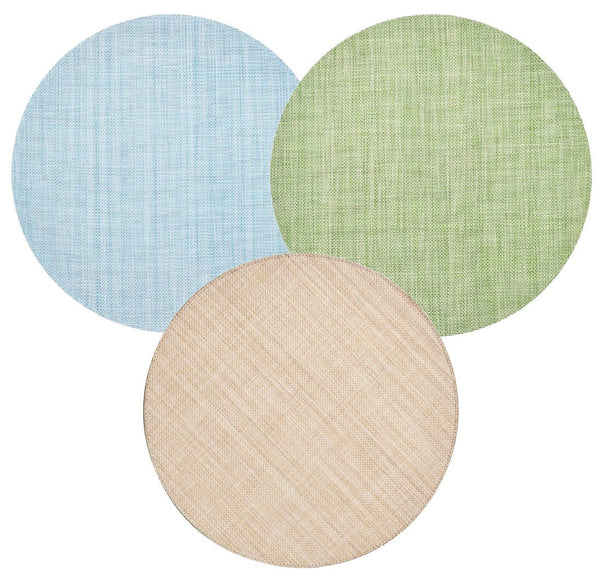 Three fabric swatches in circular shapes are arranged in a Venn diagram layout. The colors are light blue on the top left, light green on the top right, and beige on the bottom, mimicking a Kim Seybert Portofino Placemat. These woven vinyl samples from Kim Seybert are stylish and easy to clean.