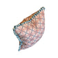 The Porto Pool Pillow by Hive Custom Pillows features a handmade pink and white geometric floral pattern, blue plaid lines, and blue fringe trim on the edges, shown against a white background.