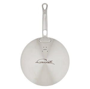 A space-saving Hestan Commercial Clad Stainless Steel Universal Lid, 11", is shown from above with a long handle and the brand's signature engraved on the base.