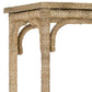 Corner view of the Currey and Company Olisa Etagere, featuring curved decorative details on the sides and edges, highlights the timeless appeal of wicker-inspired design.