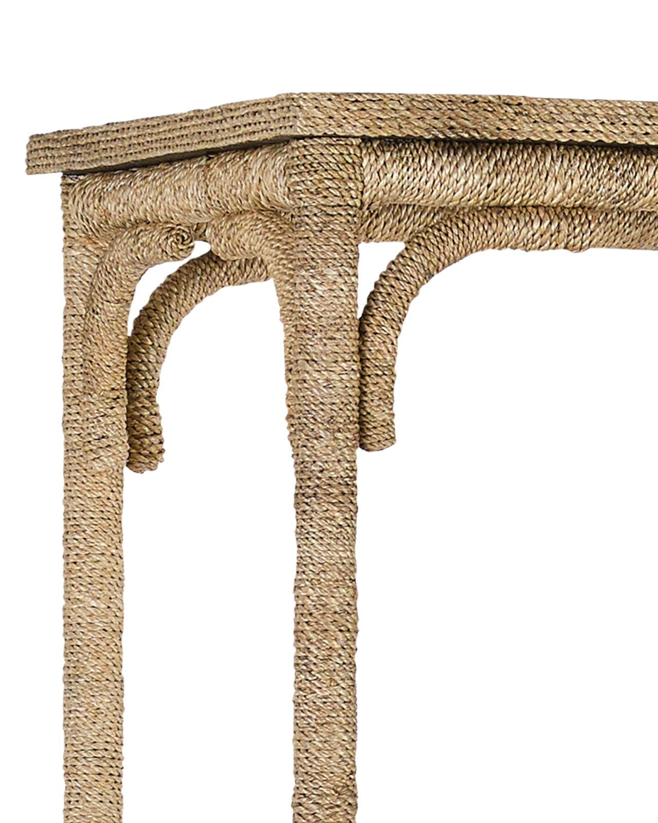 Corner view of the Currey and Company Olisa Etagere, featuring curved decorative details on the sides and edges, highlights the timeless appeal of wicker-inspired design.