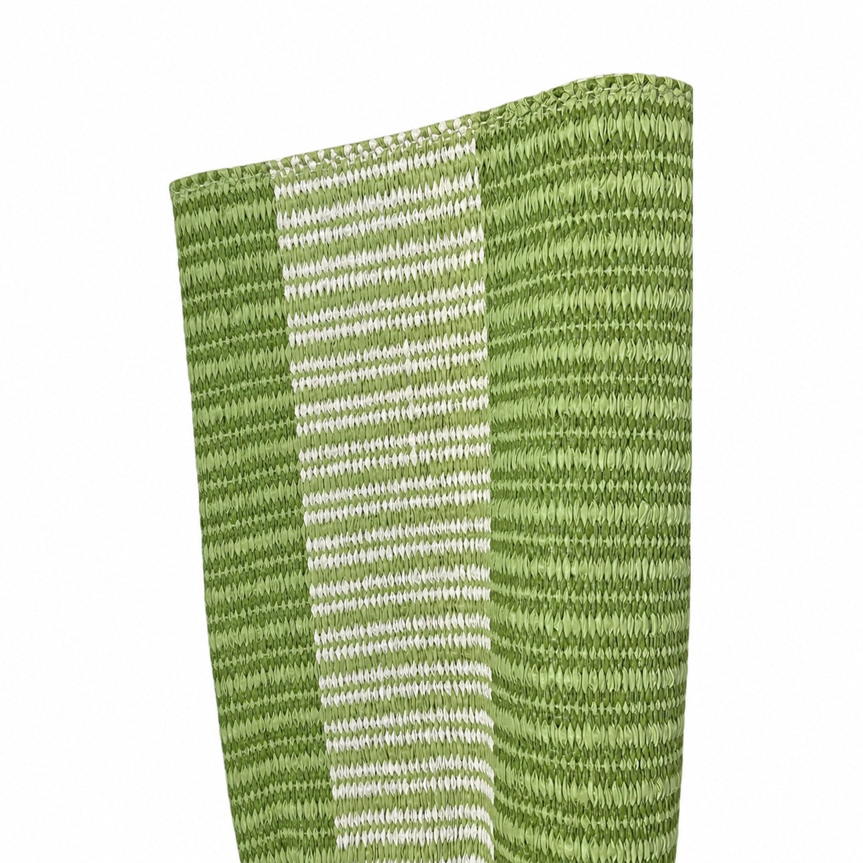 Close-up of the Laila Rug in Moss & White by Magdalena York, featuring hand-woven vertical stripes, shown against a plain white background.