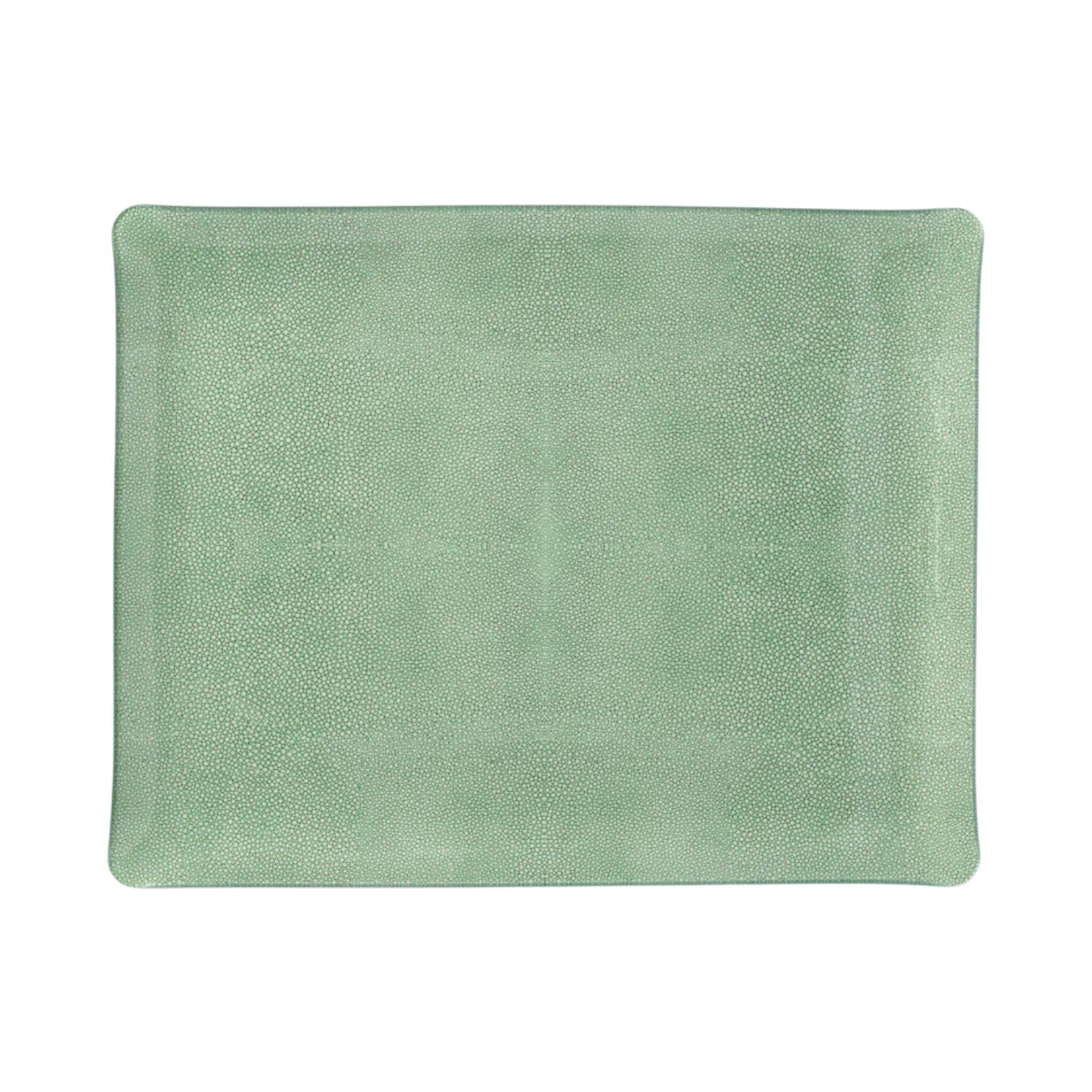 Light green rectangular tray with subtle shagreen texture and rounded corners from HestiaLiving’s Prestige Shagreen Collection—an elegant luxury accent for any space. Displayed on a white background.