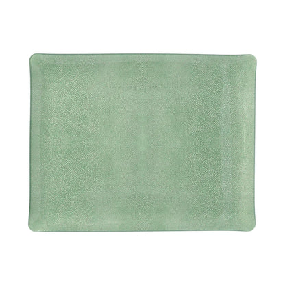 Light green rectangular tray with subtle shagreen texture and rounded corners from HestiaLiving’s Prestige Shagreen Collection—an elegant luxury accent for any space. Displayed on a white background.