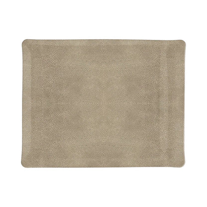 Rectangular beige tray from HestiaLiving’s Prestige Shagreen Collection features subtle shagreen patterns and slightly raised edges—a refined luxury decor piece set against a white background.