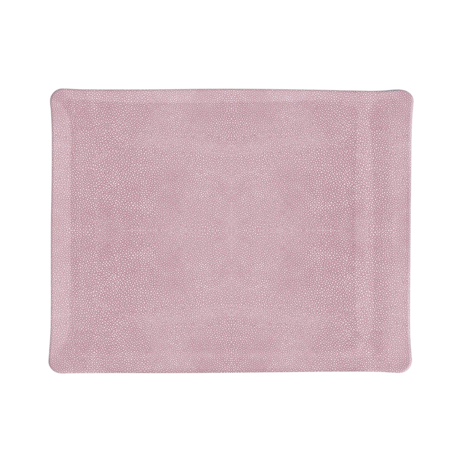 Rectangular pink tray with subtle shagreen patterns from HestiaLiving’s Prestige Shagreen Collection, shown from above against a white background—a refined luxury home decor accent.