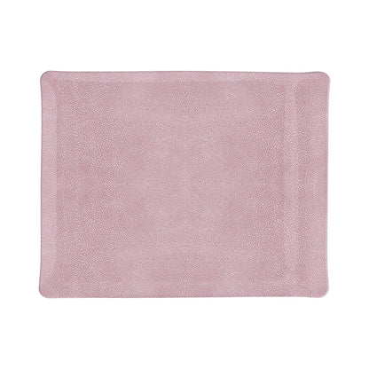 Rectangular pink tray with subtle shagreen patterns from HestiaLiving’s Prestige Shagreen Collection, shown from above against a white background—a refined luxury home decor accent.