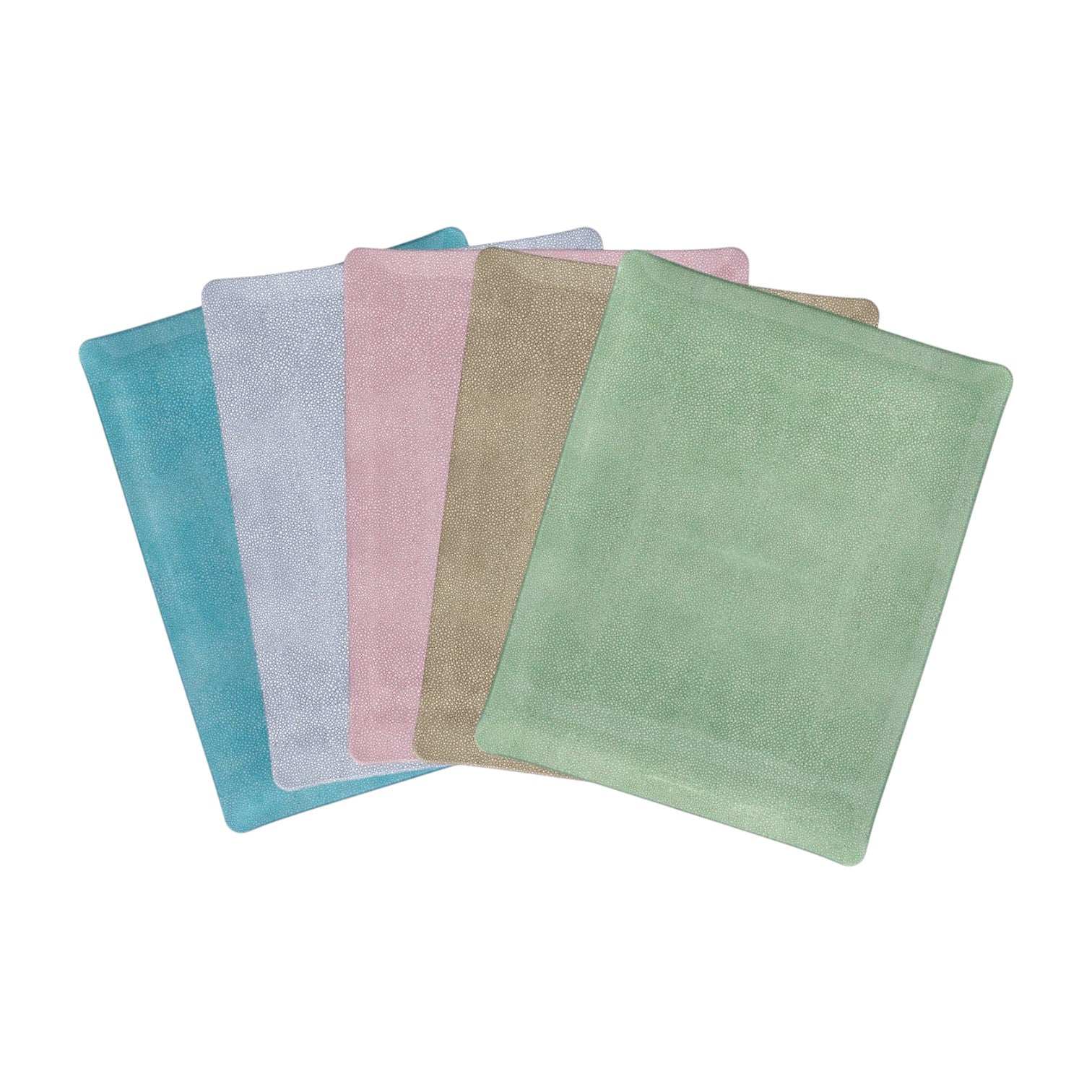 Five rectangular microfiber cloths from the HestiaLiving Prestige Shagreen Collection in blue, light blue, pink, beige, and green are fanned out on a white background—an elegant accent for luxury home decor.