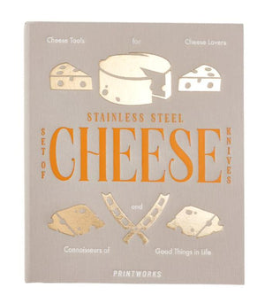 The PrintWorks Cheese Tool Set features stainless steel utensils in a boxed kit with charming illustrations—an ideal gift for cheese lovers and connoisseurs.