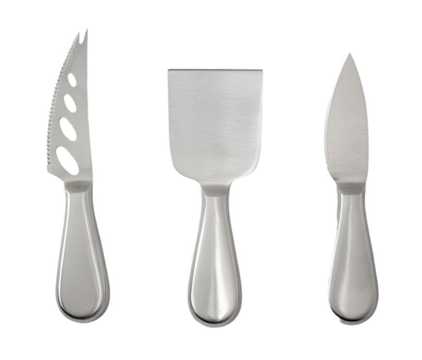 The PrintWorks Cheese Tool Set features three stainless steel cheese knives with varied blade shapes, displayed vertically on a white background—a sleek upgrade for any cheese board kit.