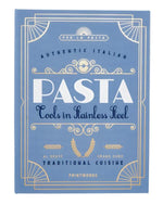 A blue "Pasta Tool Set" by PrintWorks, featuring decorative accents, ideal for Pasta Nights and labeled as authentic Italian traditional cuisine.