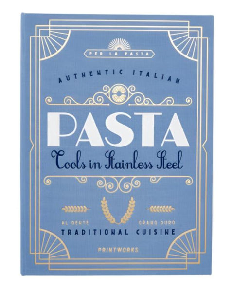 A blue book cover titled "PrintWorks Pasta Tool Set" features decorative gold accents and the subtitle "Authentic Italian Traditional Cuisine." An essential kit for perfect Pasta Nights from the PrintWorks brand.