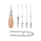 The PrintWorks Seafood Tool Set includes a wooden-handled oyster knife, four oyster forks, and a metal shell cracker—everything you need to enjoy oysters and shellfish.