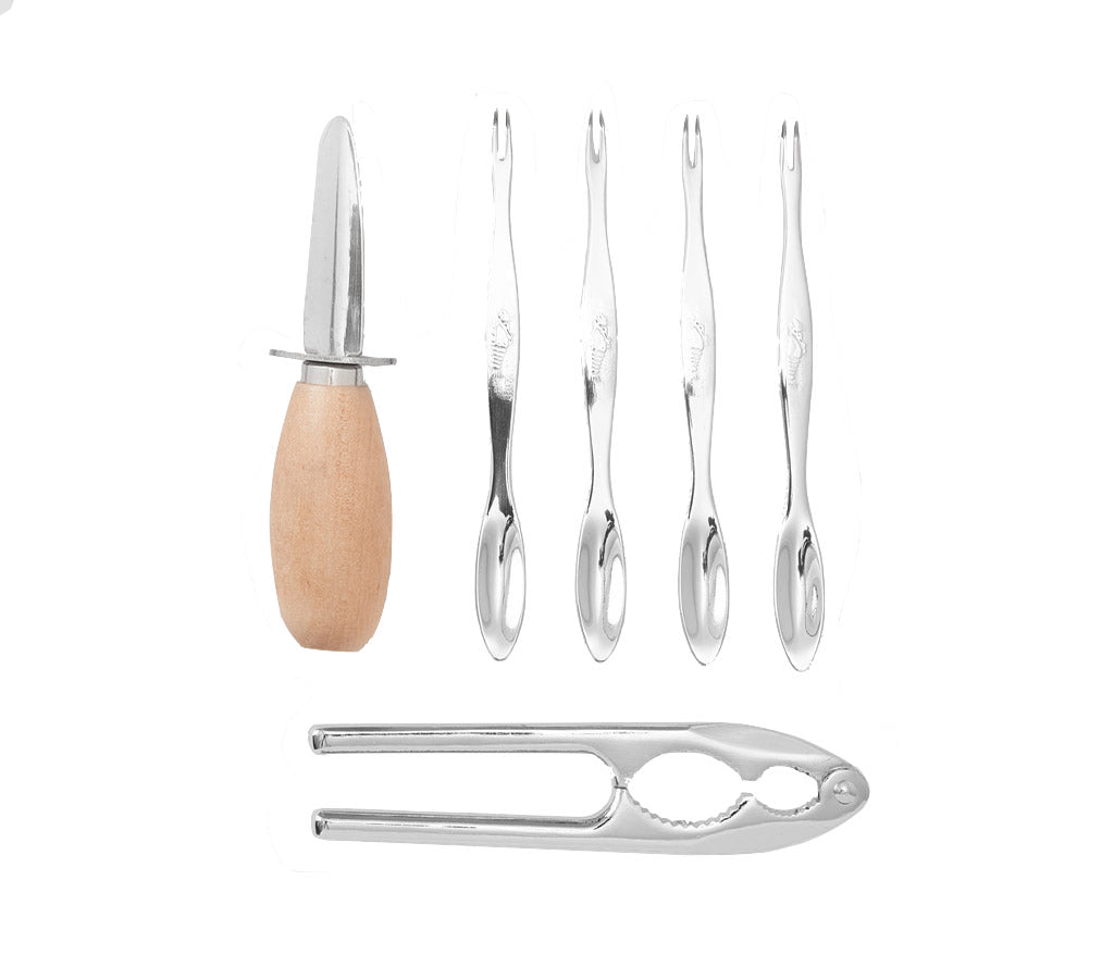 The PrintWorks Seafood Tool Set includes a wooden-handled oyster knife, four oyster forks, and a metal shell cracker—everything you need to enjoy oysters and shellfish.