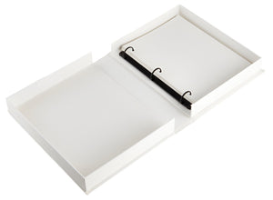 The PrintWorks A Story of Love Wedding Album is an open white three-ring binder with blank pages, photographed from above—ideal for creating your own wedding photo album or preserving memories on high-quality paper.