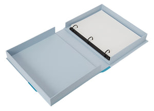 The PrintWorks Endless Summer Photo Album is open, displaying its light blue cover, empty white pages, and ring binding.