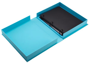 The PrintWorks Life Is A Journey Photo Album features a turquoise three-ring binder with a cloth cover and black interior, perfect for displaying memories as a coffee table photo album. High-quality design lies flat, ready to be filled.