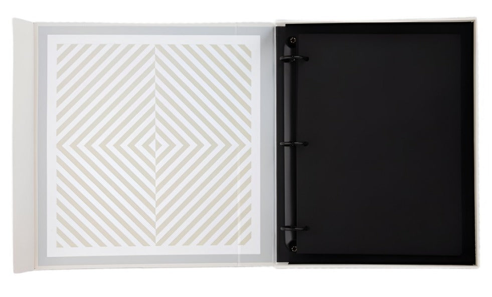 The PrintWorks Happily Ever After Photo Album features an open three-ring design with a geometric striped pattern and blank black pages, perfect for preserving your Wedding Day Memories.