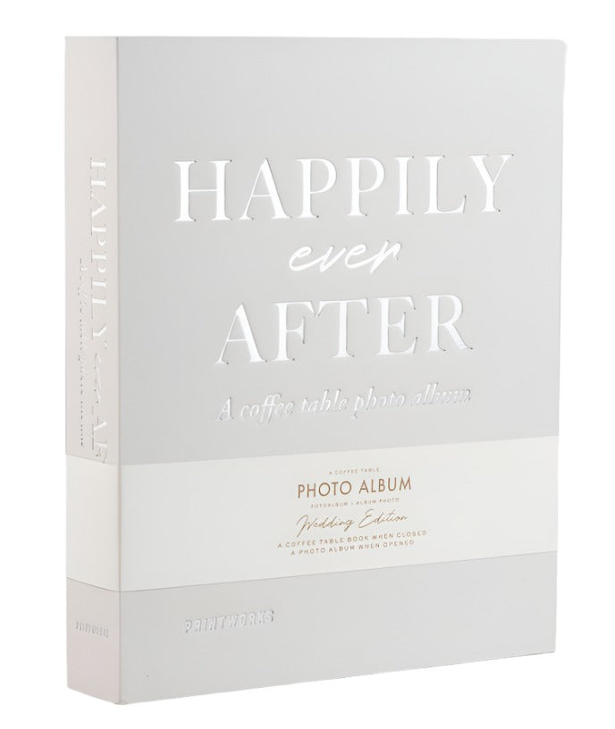 The PrintWorks Happily Ever After Photo Album is a white coffee table album with embossed "Wedding Edition" on the cover—an elegant way to preserve your wedding day memories.