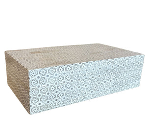 The Bojay Etched Medium Box features a white and brown geometric pattern on its sides and top, making it ideal as handmade home decor.