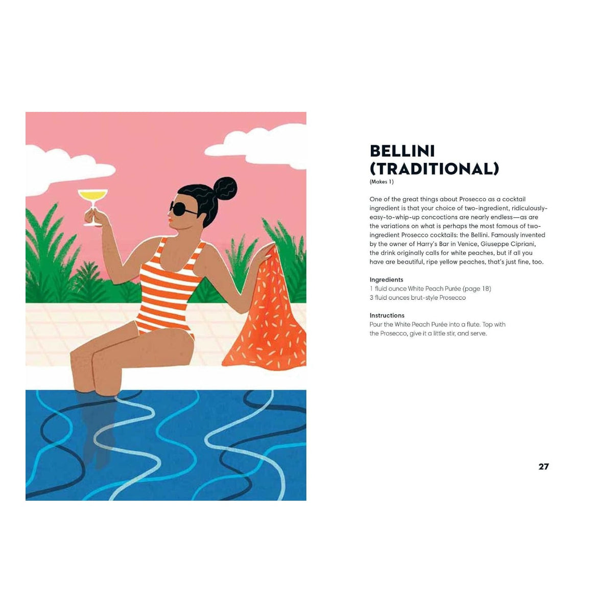 A woman in a striped swimsuit sits poolside with a drink in hand, an orange towel next to her; on the right side of the image, text from Simon & Schuster’s Prosecco Made Me Do It—featuring Bellini cocktail recipes perfect for sparkling cocktail and Prosecco fans—appears.