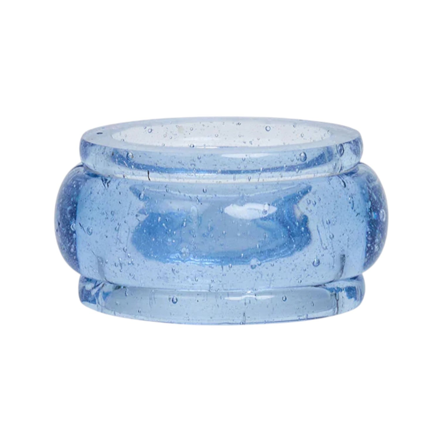 A translucent blue resin napkin ring from the Provence Napkin Ring Collection by Juliska features a wide band and small air bubbles inside, echoing the look of bubbly Provençal glassware.