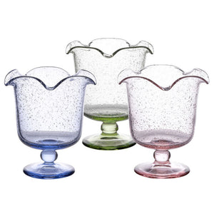 The Juliska Provence Vase by Juliska features mouth-blown glass with a bubble texture and scalloped edge, its elegant design making a whimsical centerpiece against a white background.