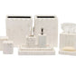 The Proviso White Bath Collection by Pigeon & Poodle includes trays, containers, a tissue box, soap dispenser, toothbrush holder, and soap dish—all in a cohesive geometric design for luxury bathroom decor.