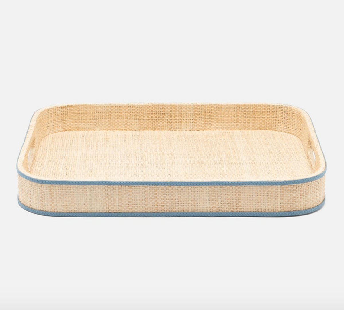 Rectangular woven tray with raised sides, light blue leather trim, and raffia details from Blue Pheasant’s Gable Natural/White Barware Collection on a plain white background.