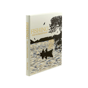 A hardcover illustrated guide, "Fishing The Ultimate Book" by Graphic Image, features a gold and black image of two people fishing in a boat on a lake and is part of the Ultimate Book series.