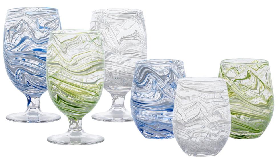Six glasses from the Juliska Puro Marbled Drinkware Collection feature seaglass hues in blue, green, and gray swirled patterns—both stemmed and stemless—arranged in two rows, each resembling a marbled goblet.