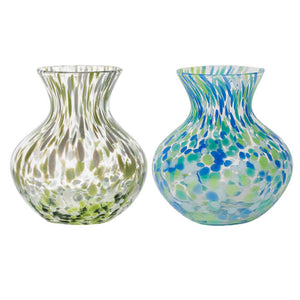 The Juliska Puro Speckled Vases by Juliska feature wide bodies and narrow necks; one has green and white spots, the other is blue, green, and white—perfect glass vases for unique home decor.