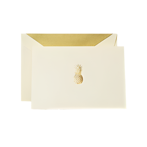 The Crane Gold Pineapple Classic Note Card Set features a cream envelope with a gold liner and a matching card with an embossed gold pineapple—ideal for hospitality thank yous or sophisticated note cards for any occasion.