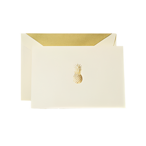 The Crane Gold Pineapple Classic Note Card Set features a cream envelope with a gold liner and a matching card with an embossed gold pineapple—ideal for hospitality thank yous or sophisticated note cards for any occasion.