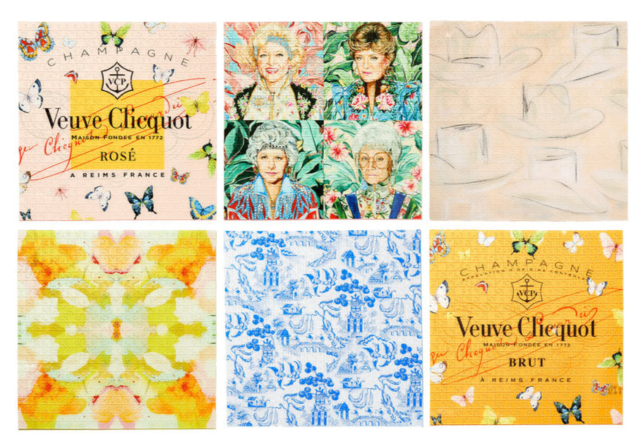 A grid of six images showcases two Veuve Clicquot labels, a Golden Girls illustration, abstract patterns, and blue animal print—making this Tart by Taylor Acrylic Puzzle perfect for unique home decor or creative inspiration.