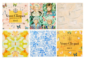 A grid of six images showcases two Veuve Clicquot labels, a Golden Girls illustration, abstract patterns, and blue animal print—making this Tart by Taylor Acrylic Puzzle perfect for unique home decor or creative inspiration.