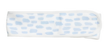 The Weezie Towels Spa Headband is a white microfiber headband with irregular light blue rectangles, adjustable Velcro, and is shown laid flat on a white background.
