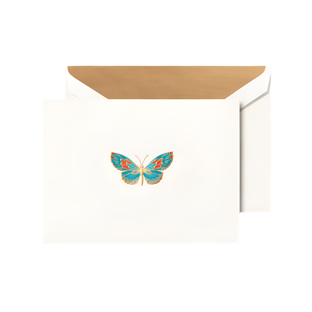 The Butterfly Classic Card Set by Crane features white cards with vibrant blue and orange butterfly illustrations and gold interior envelopes—ideal for butterfly lovers and fans of nature's enchanting visitors.