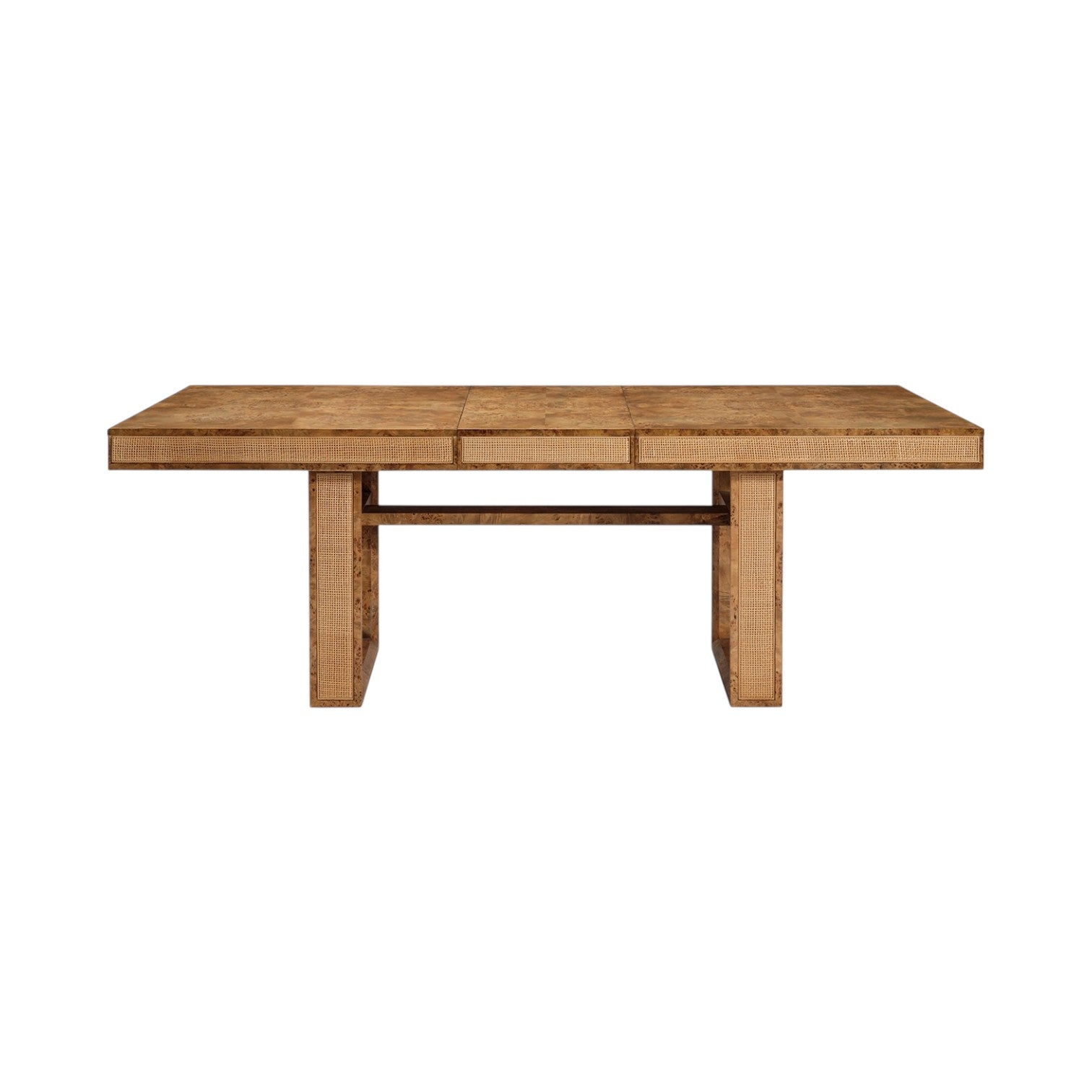 The Made Goods Dariel Extension Dining Table features a rectangular wooden top with natural burl patterns, a rustic finish, and two wide legs joined by a horizontal support beam.
