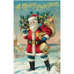 The Santa Claus 500 Piece Puzzle by Cavallini Papers and Co features vintage imagery from the Cavallini archives: Santa in a red suit carrying toys and a tree, with "A Merry Christmas" atop a snowy background.