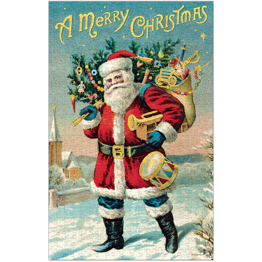 The Santa Claus 500 Piece Puzzle by Cavallini Papers and Co features vintage imagery from the Cavallini archives: Santa in a red suit carrying toys and a tree, with "A Merry Christmas" atop a snowy background.