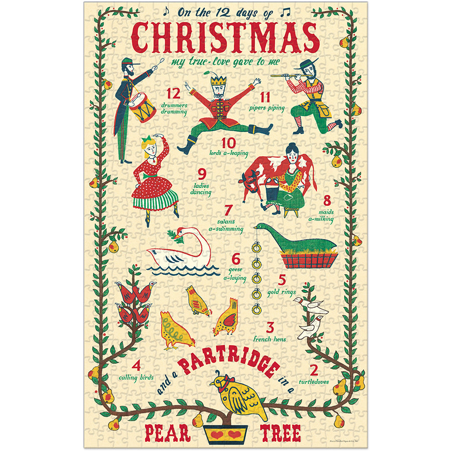 The Cavallini Papers and Co Twelve Days of Christmas 500 Piece Puzzle features vintage illustrations and vibrant numbers, bringing each gift from the classic song to life, from a partridge in a pear tree to twelve drummers drumming.