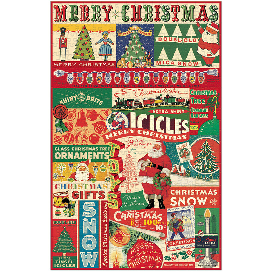 The Cavallini Papers and Co Vintage Christmas 500 Piece Puzzle features nostalgic Santa, trees, ornaments, and festive greetings in classic red, green, and yellow—making it the perfect holiday activity.